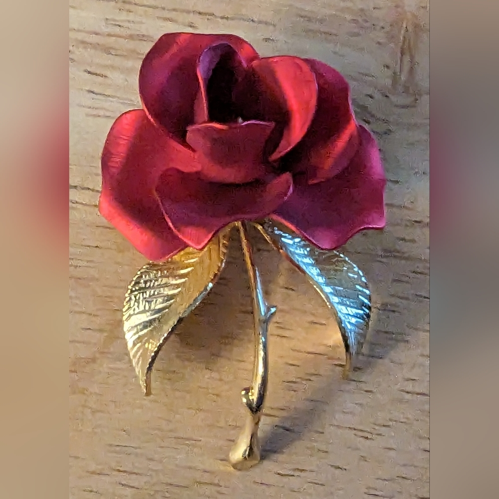 Cerrito Rose Brooch, gold tone base metal, vintage, signed